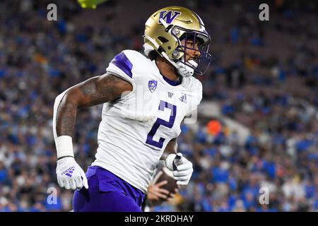 Washington Huskies wide receiver Ja'Lynn Polk (2) during an NCAA football game against the UCLA Bruins, Friday, Sep. 30, 2022, in Pasadena, Calif. The Stock Photo