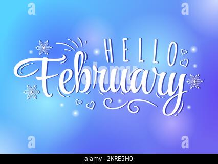 Hello February Month with Flowers, Hearts, Leaves and Cute Lettering for Decoration Background in Flat Cartoon Hand Drawn Templates Illustration Stock Vector