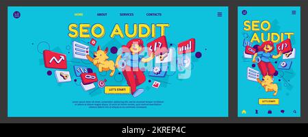 Seo audit banner. Research of keyword engine optimization, business analysis concept with girl and dog illustration in contemporary style, vector template of flexible landing page Stock Vector