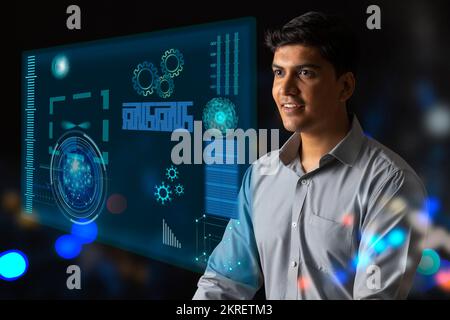 Digitally enhanced shot of a  technician/businessman working with virtual reality projection Stock Photo
