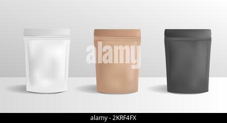 Vector Zip paper package set. Blank pouches, paper box, package mockup isolated on white background. Coffee package design. Food zip bag template Stock Vector