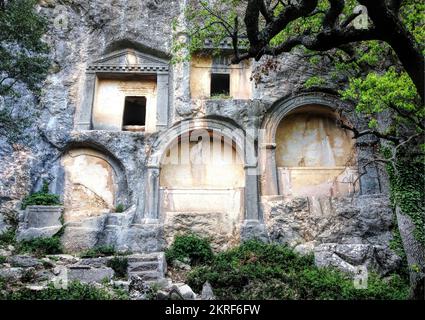 Antalya, Turkey, Sep. 2014: Sarcophagus or rock tombs in ruins of the ancient city of Termessos Stock Photo