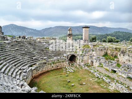 Antalya, Turkey, May 2014: Ruins of antique Roman theater and landscape in ancient Lycian city of Xanthos Stock Photo