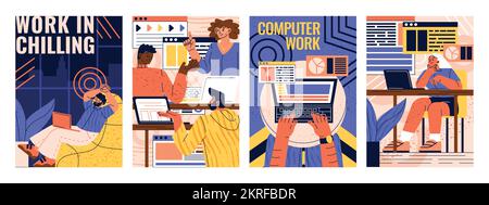 Set of people working on laptops Stock Vector