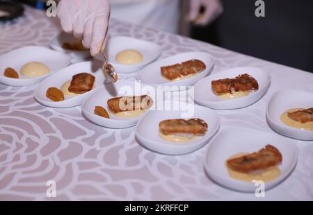 Paris, France. 28th Nov, 2022. Snack dishes are presented at the unveiling ceremony of LA LISTE 2023 world restaurant ranking at the French Ministry of Foreign Affairs in Paris, France, Nov. 28, 2022. LA LISTE 2023, the latest update of a list of the best global restaurants, was unveiled here on Monday. Starting from 2015, LA LISTE has been handpicking the world's best restaurants based on the compilation of hundreds of guidebooks and publications plus millions of online reviews. Credit: Gao Jing/Xinhua/Alamy Live News Stock Photo