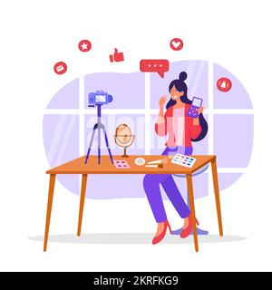 Female beauty vlogger doing makeup tutorial live on youtube in studio. Stock Vector