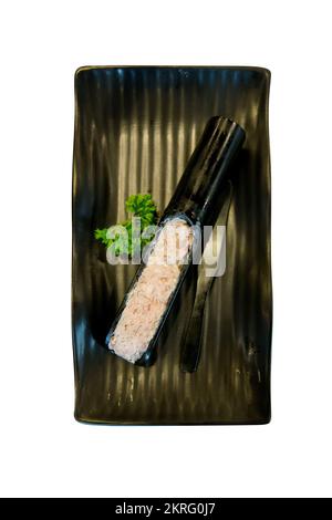 Die cut of Fresh raw fish balls and Fresh raw shrimp balls in black plate on white isolated. Stock Photo