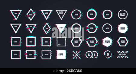 Geometric shapes with distorted glitch effect. Graphic design elements in distorted glitch effect. Modern abstract backgrounds for banner, poster. Stock Vector