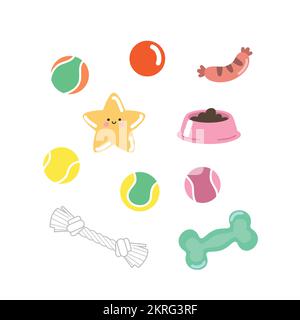 Dog toys clipart vector set. Dog plastic balls toys, chewing toy, pet dog bowl, bone toy. Pet shop accessories for dogs. Stock Vector
