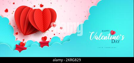 Happy valentine's day text vector design. Valentine's day paper cut heart floating in blue sky for hearts day background. Vector Illustration. Stock Vector