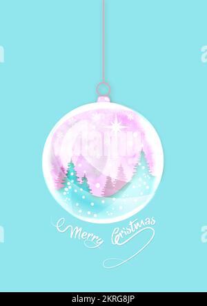 Merry Christmas ball shape. Winter seasonal holiday Christmas background, watercolor style. Christmas greeting card, snow globe and winter forest Stock Vector
