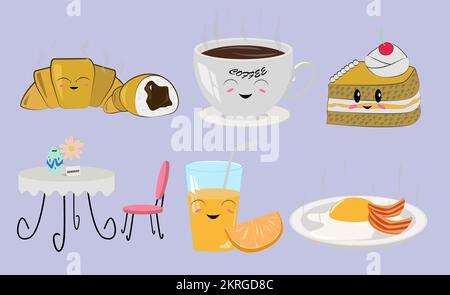 Cartoon food on the table croissant coffee and a lot of sweets Stock Vector