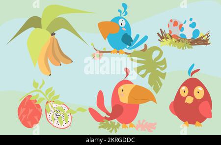 Spring style pictures with elements of the island with birds and bananas Stock Vector