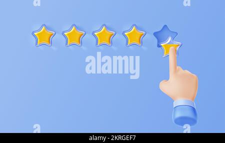 Service rating, customer feedback concept with five transparent stars and human hand. Client review background with hand set gold star on place, vector 3d illustration Stock Vector