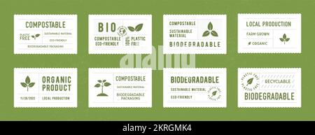 Biodegradable, compostable tags set.  Eco, Bio stickers design for packaging. Trendy vintage labels for organic products, restaurants, food stores. Stock Vector