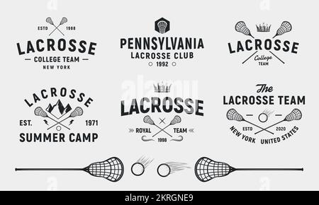 Set of 6 Lacrosse logos and 3 design elements.  Lacrosse stick and ball isolated on white background. Stock Vector