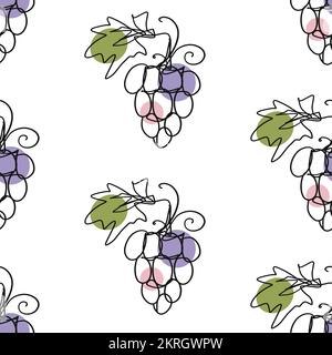 Grapes Seamless pattern. One line drawing organic fruit background Stock Vector