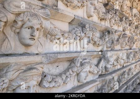 Aydin, Turkey- August 12, 2021:  Unique ancient sculpture reliefs and sculptures on display in the Aphrodisias museum. Stock Photo