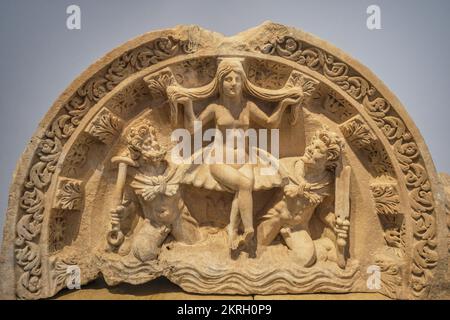 Aydin, Turkey- August 12, 2021:  Unique ancient sculpture reliefs and sculptures on display in the Aphrodisias museum. Stock Photo