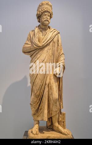 Aydin, Turkey- August 12, 2021:  Unique ancient sculpture reliefs and sculptures on display in the Aphrodisias museum. Stock Photo