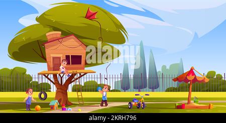 Children play around tree house on street, kids hangout at secret hut camp. Girls and boys fooling, having fun in good mood. Summer outdoors activities, adventure, leisure, Cartoon vector illustration Stock Vector