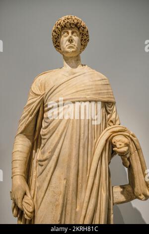 Aydin, Turkey- August 12, 2021:  Unique ancient sculpture reliefs and sculptures on display in the Aphrodisias museum. Stock Photo