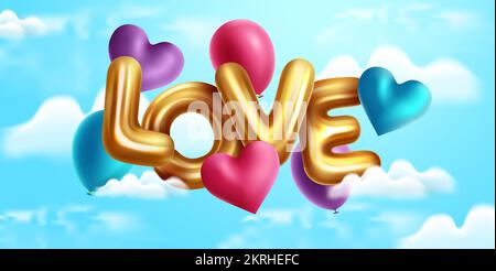 Love balloons vector design. Valentine's day with love metallic floating balloons in blue sky background for hearts day celebration. Stock Vector