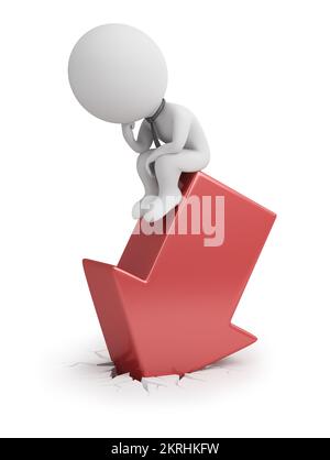 3d small businessman is sitting in a thoughtful pose on the red down arrow. 3d generated image. White background. Stock Photo