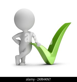 3d small person next to the green check mark. 3d image. White background. Stock Photo