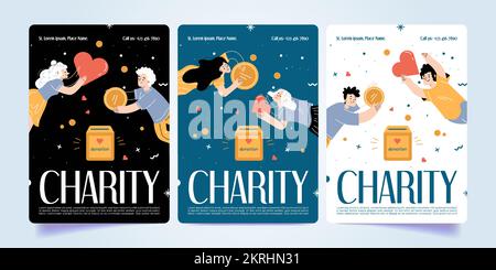 Set of charity campaign banner design templates. Flat vector illustration of male, female characters putting donations in fundraising box, holding heart symbols in hands. Volunteer organization flyer Stock Vector