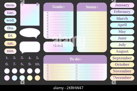 Note card sticker scrapbooking planner flat set. Rainbow gradient halographic pastel day of the week months to do list mood goals speech bubble number grid stamp personal memo blank document isolated Stock Vector