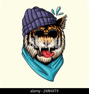 Angry tiger wearing cool hat vector illustration