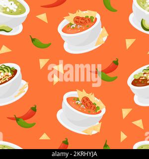 Seamless pattern with Mexican soups. Traditional Tomato Soup with tortilla chips and green soup with avocado on orange background with chili peppers. Stock Vector
