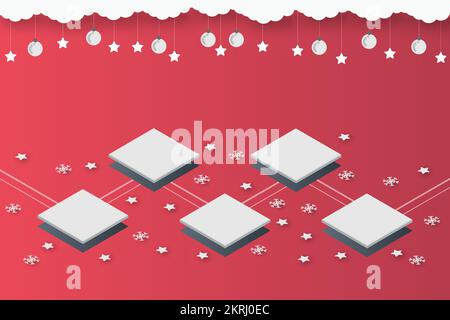 christmas isometric on red paper art abstract background with sky and line design for Merry christmas, poster card, banners, gift card, christmas Stock Vector