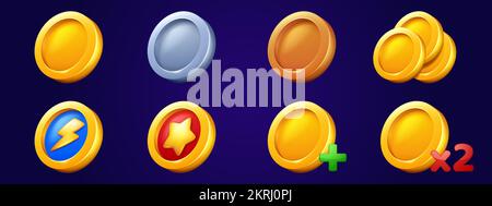 Gold coins icons, tokens for game ui interface. Symbols of trophy, award, bonus, rating with golden, silver and bronze badges, coins with star and lightning signs, vector cartoon set Stock Vector