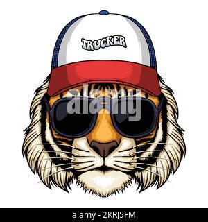 Tiger head wearing trucker hat cap vector illustration for your company or brand Stock Vector