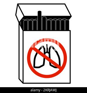 Black outline of open full pack of cigarettes with red crossed out lungs icon, isolated on white background. Vector icon or design element. Stock Vector