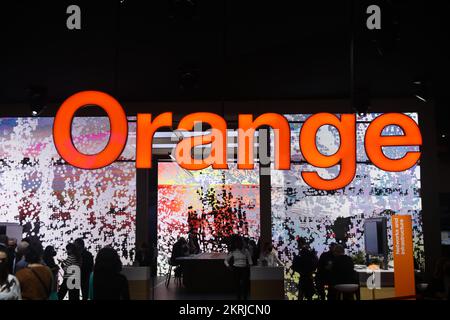 Barcelona, Spain. 28 February, 2022. The stand of mobile network operator, Orange, during the Mobile World Congress (MWC), the annual trade show organ Stock Photo