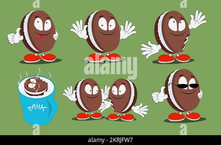 Cartoon character cookies in different poses and in milk Stock Vector