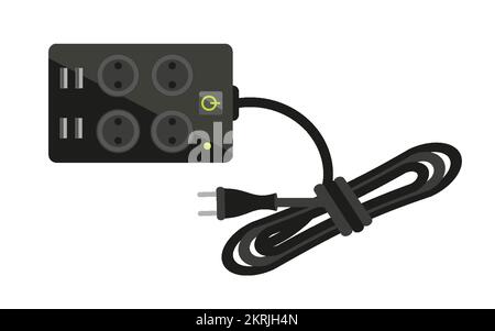 Power surge protector extension cord black flat. Multifunction electronic gadget assistant plug type c usb socket switch button multiplication multiple device simultaneously in same place isolated Stock Vector