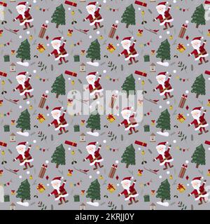 Christmas seamles pattern with tree, santa, decoration, gifts. Christmas seamless pattern perfect for textile, wrap and wallpaper and design. Stock Vector