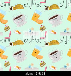 pattern with sweet elements on the coffee and juice table Stock Vector