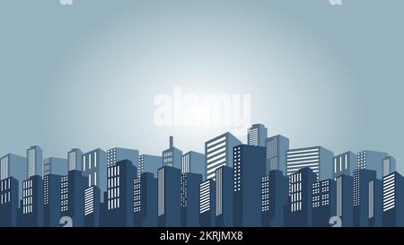 An illustration of city buildings with lots of windows and tall towers ...