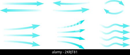 Air flow. Set of blue arrows showing direction of air movement. Wind direction arrows. Blue cold fresh stream from the conditioner. Vector Stock Vector