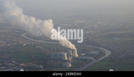 Grosskrotzenburg Power Station on the Maine river from air. Hesse. Germany. Stock Photo