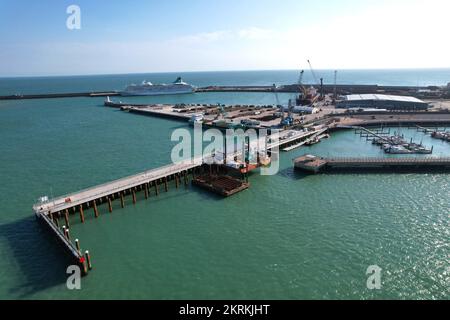 Offshore work platform moored in Dover harbour UK drone aerial view Stock Photo