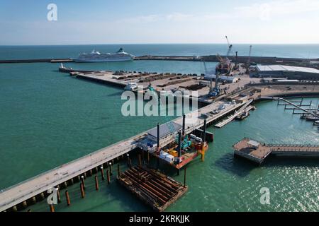 Offshore work platform moored in Dover harbour UK drone aerial view Stock Photo