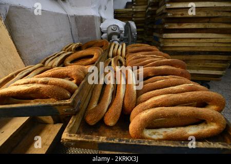 A traditional fire oven bakery specializing in Ka’ek Al-Quds - Sesame bagel bread. Christian quarter, Old city of Jerusalem. Stock Photo