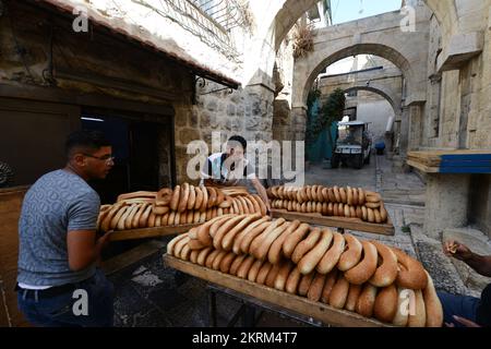 Fresh Ka’ek Al-Quds - Sesame bagel bread being delivered on a traditional cart to various shops in the Old city of Jerusalem. Stock Photo