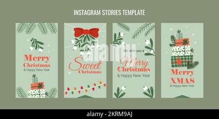 set of christmas templates for instagram stories mistletoe twigs gifts garlands and congratulatory inscriptions Stock Vector